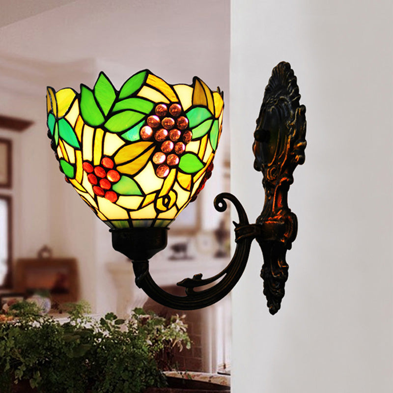 Tiffany Bowl Wall Lamp 1 Head Etched Glass Grape Pattern Wall Mount Lamp in Green and White/Black