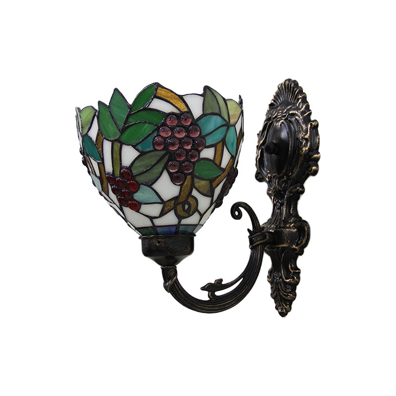 Tiffany Bowl Wall Lamp 1 Head Etched Glass Grape Pattern Wall Mount Lamp in Green and White/Black