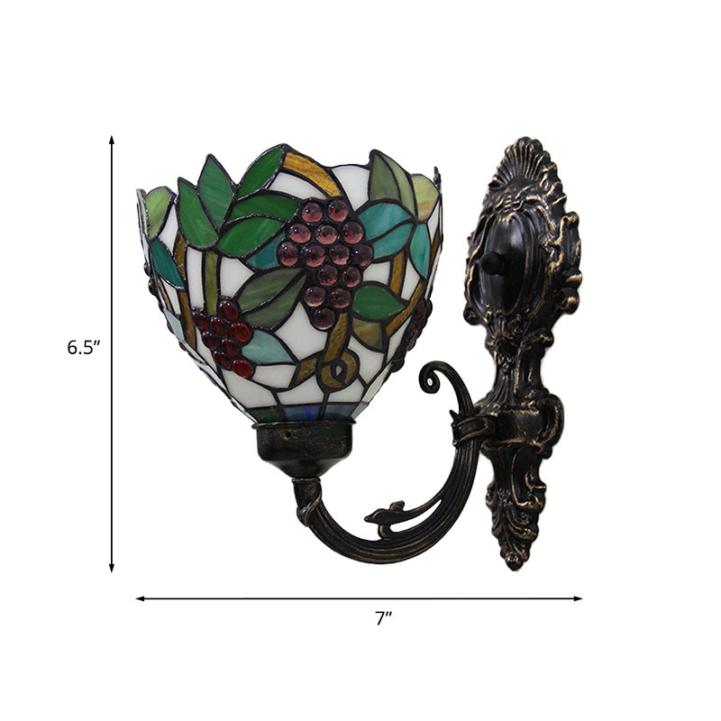 Tiffany Bowl Wall Lamp 1 Head Etched Glass Grape Pattern Wall Mount Lamp in Green and White/Black