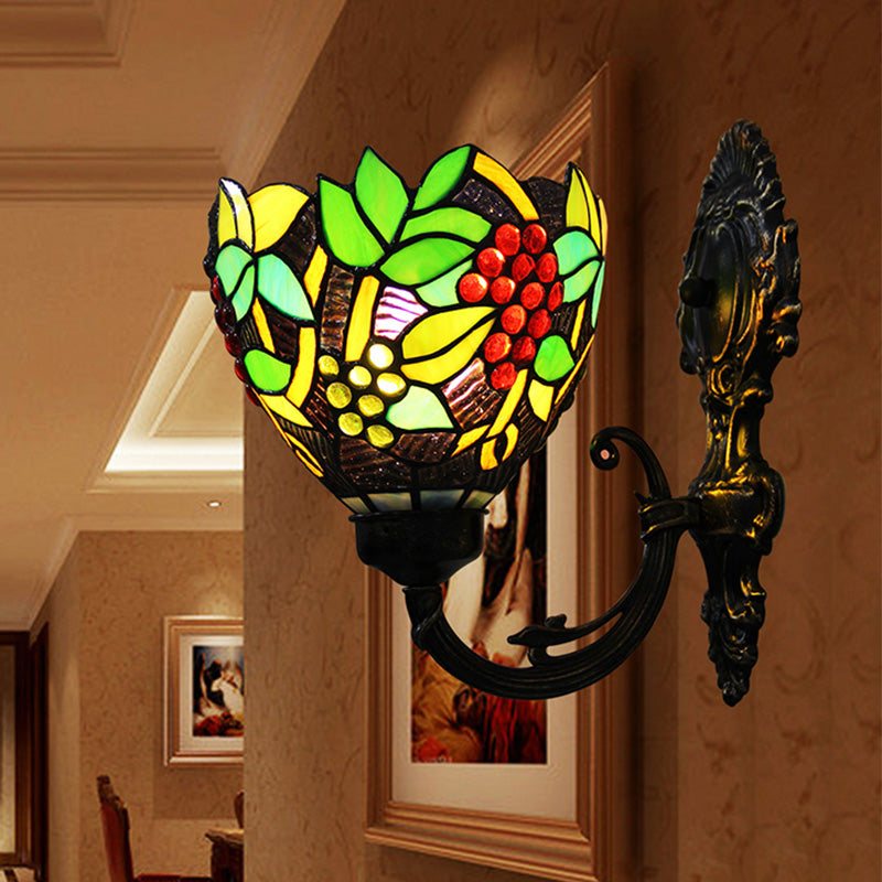 Tiffany Bowl Wall Lamp 1 Head Etched Glass Grape Pattern Wall Mount Lamp in Green and White/Black