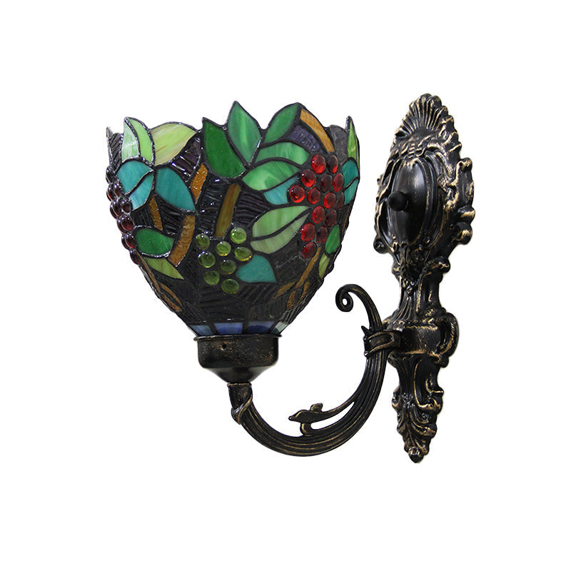 Tiffany Bowl Wall Lamp 1 Head Etched Glass Grape Pattern Wall Mount Lamp in Green and White/Black