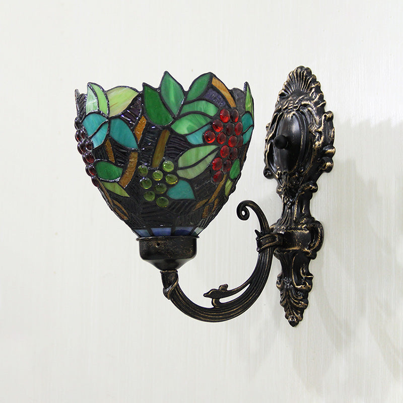 Tiffany Bowl Wall Lamp 1 Head Etched Glass Grape Pattern Wall Mount Lamp in Green and White/Black