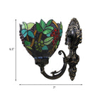 Tiffany Bowl Wall Lamp 1 Head Etched Glass Grape Pattern Wall Mount Lamp in Green and White/Black