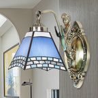 Trapeze Wall Lamp Mission Blue Cut Glass 1-Light Bronze Wall Mount Lamp with Mermaid Arm