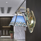 Trapeze Wall Lamp Mission Blue Cut Glass 1-Light Bronze Wall Mount Lamp with Mermaid Arm