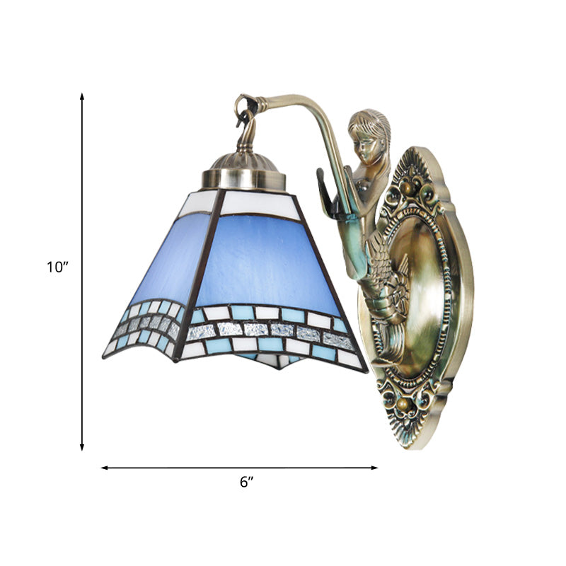 Trapeze Wall Lamp Mission Blue Cut Glass 1-Light Bronze Wall Mount Lamp with Mermaid Arm