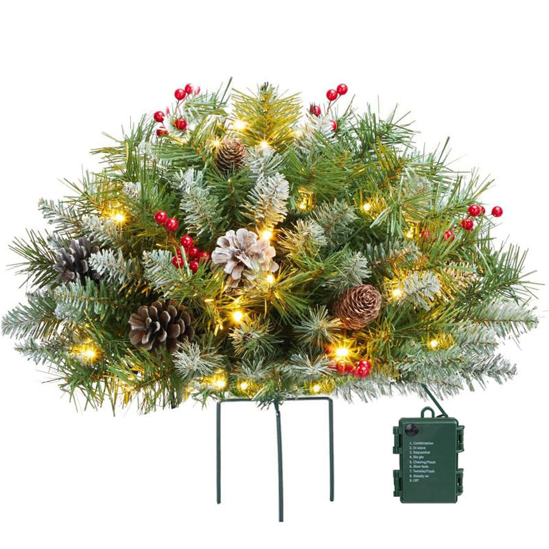 Christmas urn decoration with LED lights | Realistic pine branches & berries | Indoor and outdoor