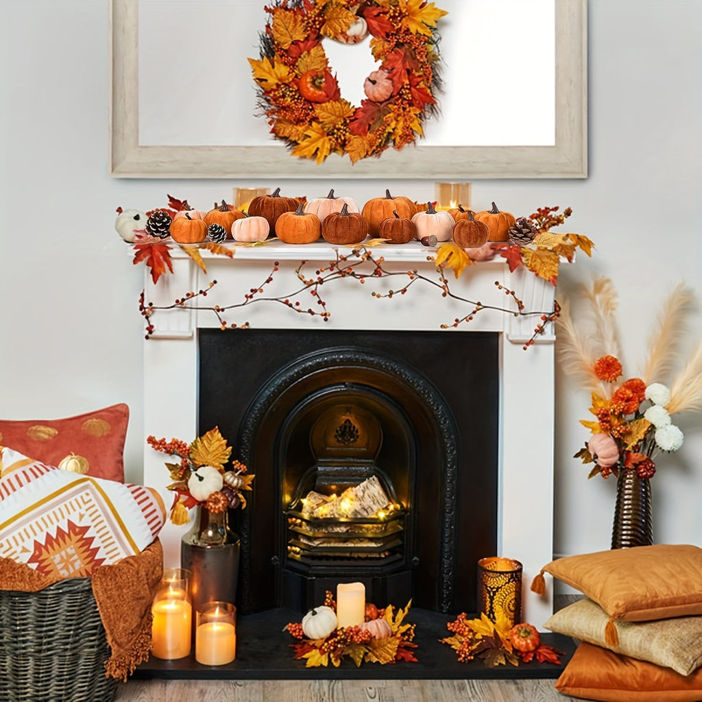 Autumn Decoration Pumpkin Set – 12 Pieces Artificial Pumpkins with Velvet Finish