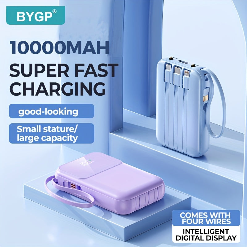 10000mAh Portable Power Bank with Fast Charging and Built-in Cables – Compact Phone Charger with LED display