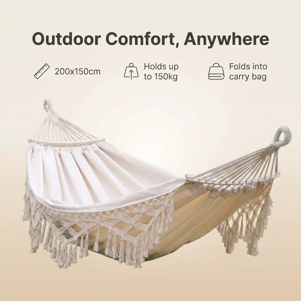 200x150cm Double Outdoor Camping Fringe Canvas Hammock with Pole (White)