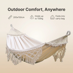 200x150cm Double Outdoor Camping Fringe Canvas Hammock with Pole (White)