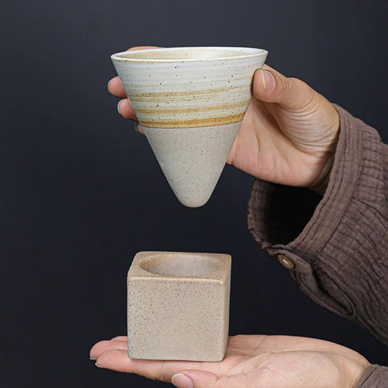 Coarse Pottery Coffee Mug with Base Conical Couture Cup & Base Set