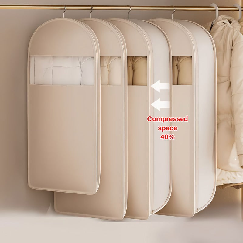 Space saving hanging garment bag with self-compressing zipper
