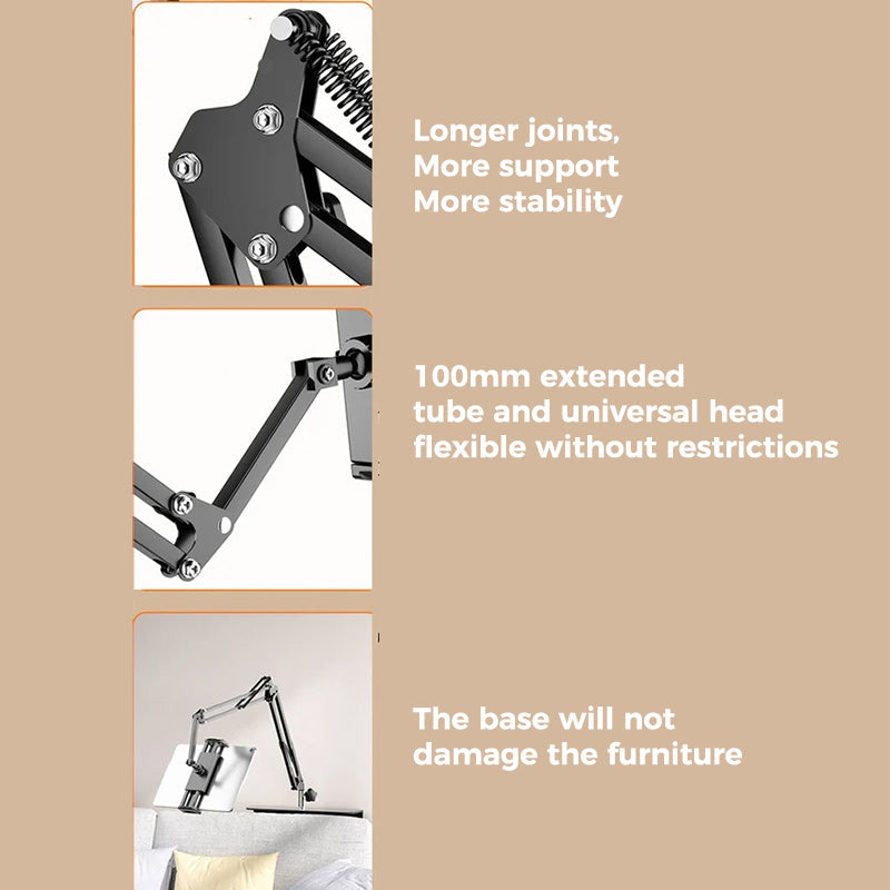 Extendable, concealed phone/tablet holder at the bed