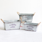 Decorative flower and garden container made of metal with hemp rope handles