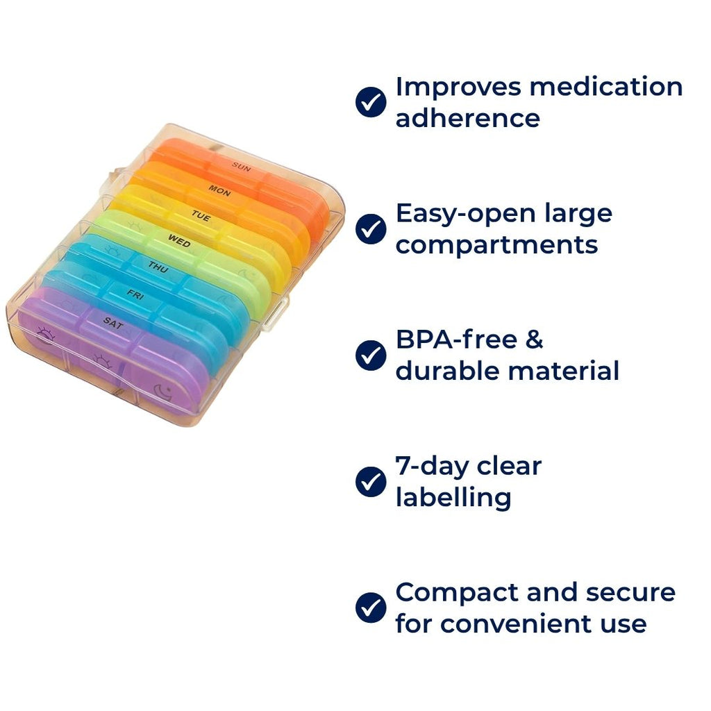 MediTrack | Weekly Pill Organizer – Improves Medication Adherence - Easy‑Open Large Compartments – BPA‑Free Durable – Travel & Seniors