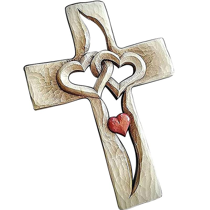 Hand-carved wooden cross - Intertwined hearts