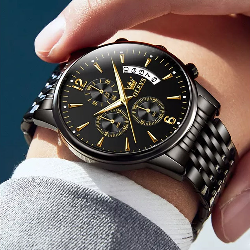 Luxury Gold Three-Eye Chronograph Dial Automatic Mechanical Watch