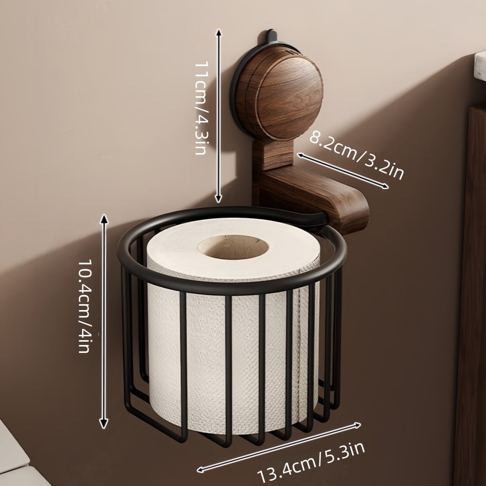 Walnut Wood Toilet Paper Holder – Drill-Free with Suction Cup