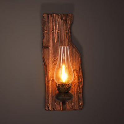 Tear-shaped Clear Glass Wall Lamp Industrial Single Bulb Bedroom Wall Lamp with Wooden Backplate