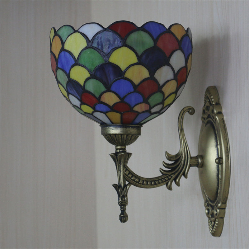 Spots/Semicircles Wall Lamp Single Bulb Yellow Glass Tiffany Wall Mounted Light Fixture in Bronze