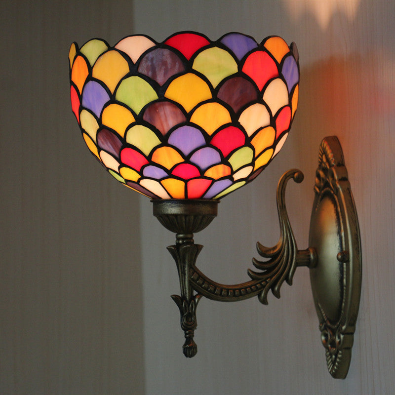 Spots/Semicircles Wall Lamp Single Bulb Yellow Glass Tiffany Wall Mounted Light Fixture in Bronze