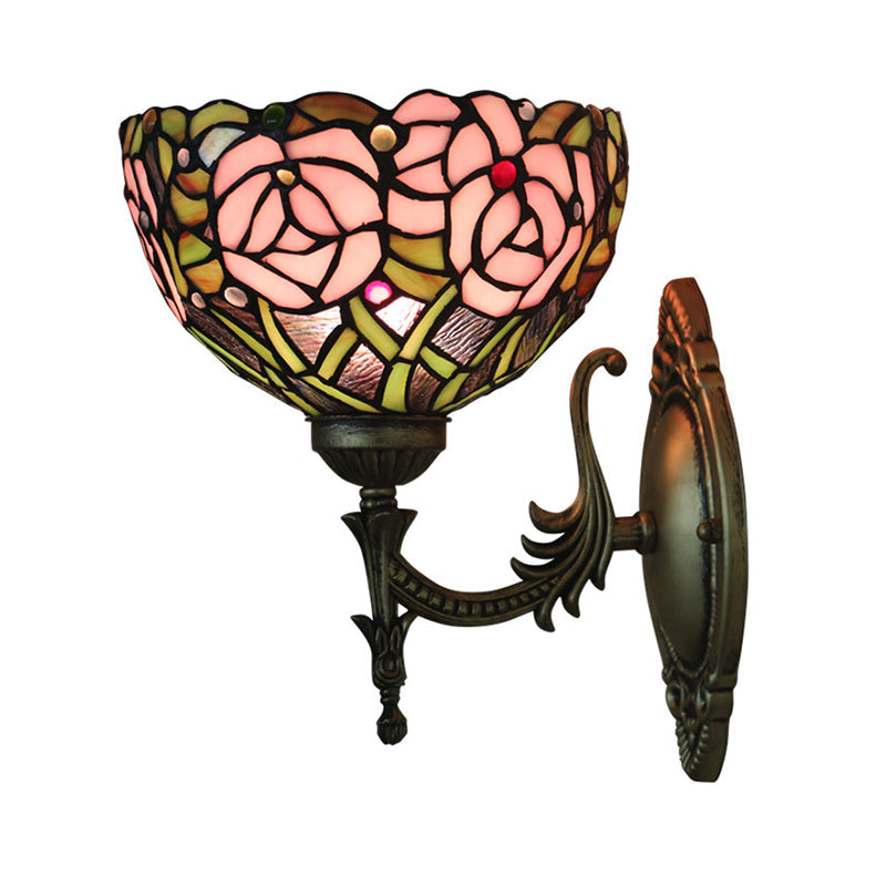 Pink Wall Mounted Lighting Tiffany 1 Lamp Glazed Glass Wall Lamp with Bronze Engraved Arm