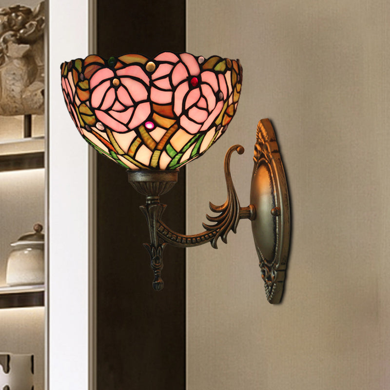 Pink Wall Mounted Lighting Tiffany 1 Lamp Glazed Glass Wall Lamp with Bronze Engraved Arm
