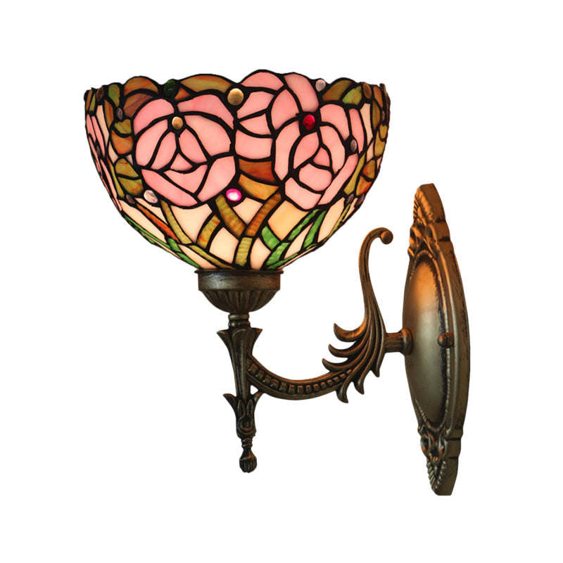 Pink Wall Mounted Lighting Tiffany 1 Lamp Glazed Glass Wall Lamp with Bronze Engraved Arm