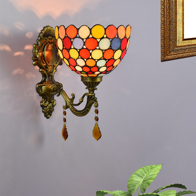 Stained Glass Circles Wall Lamp Tiffany Single-Ball Brass Wall Lamp With Dangles