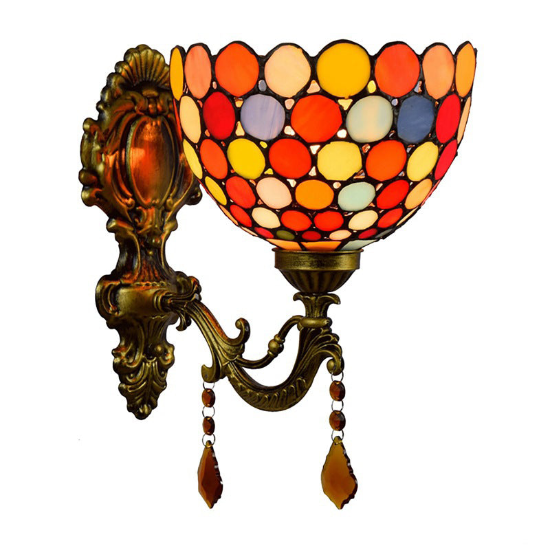 Stained Glass Circles Wall Lamp Tiffany Single-Ball Brass Wall Lamp With Dangles