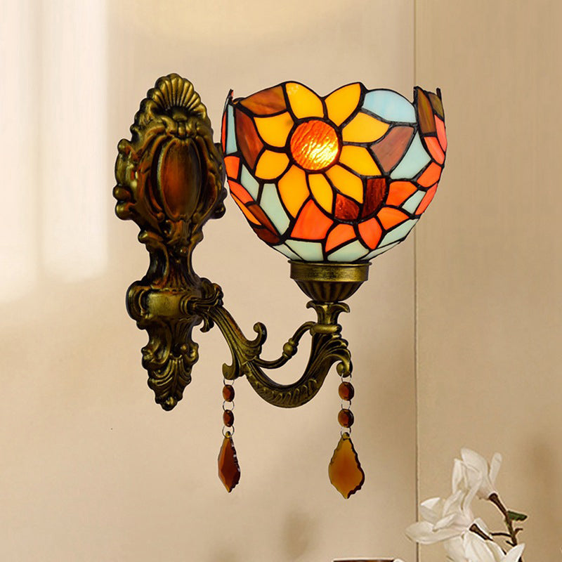 Handcrafted Stained Glass Brass Wall Lamp Sunflower 1-Light Tiffany Wall Mount Fixture
