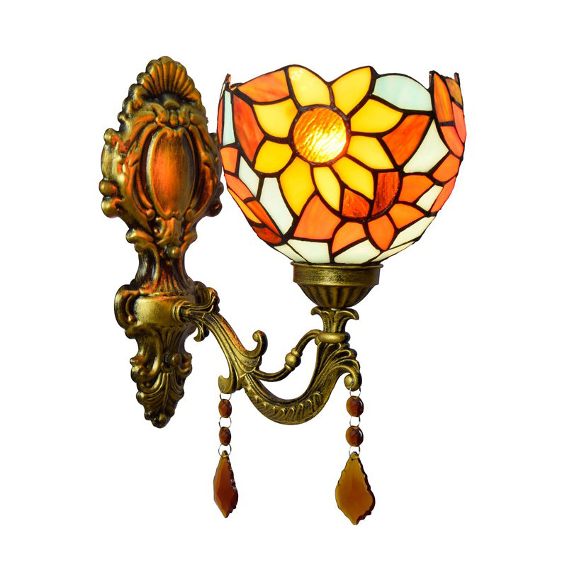 Handcrafted Stained Glass Brass Wall Lamp Sunflower 1-Light Tiffany Wall Mount Fixture