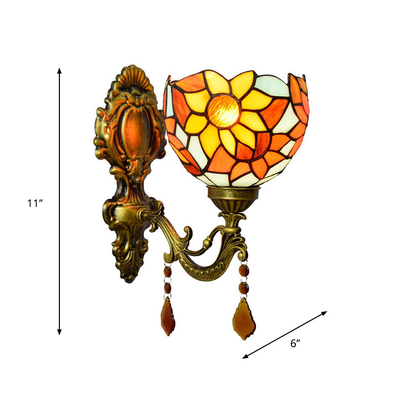 Handcrafted Stained Glass Brass Wall Lamp Sunflower 1-Light Tiffany Wall Mount Fixture