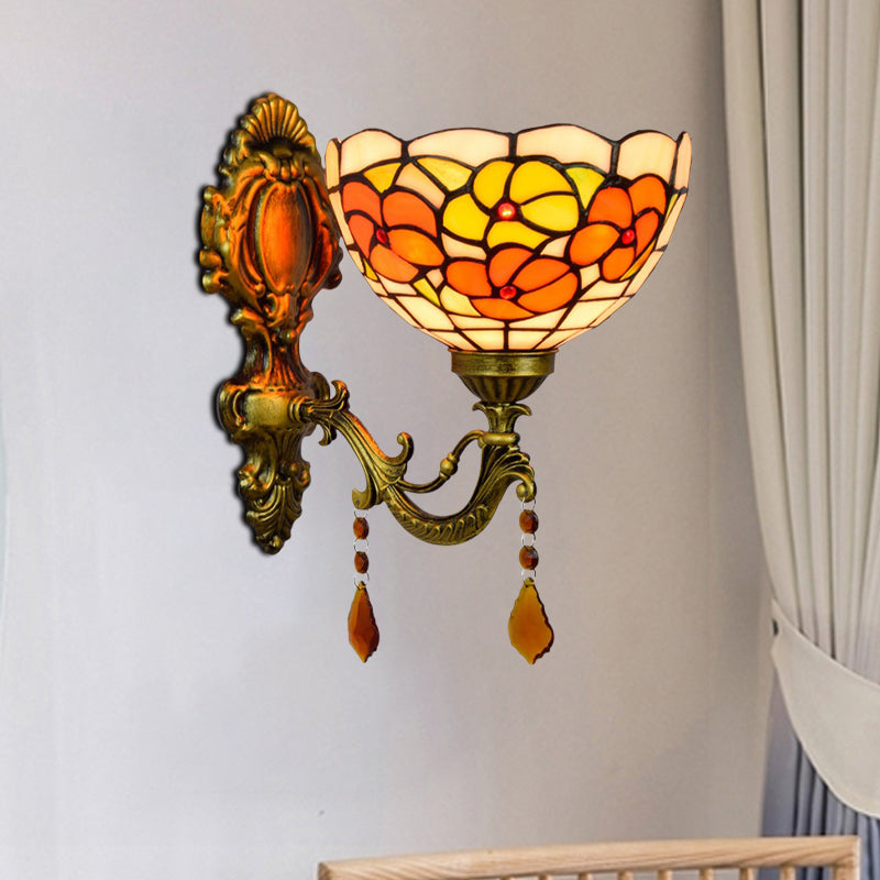 Leaf Pattern Bowl Stained Glass Wall Lamp Tiffany 1 Head Orange/Purple/Red Wall Mount
