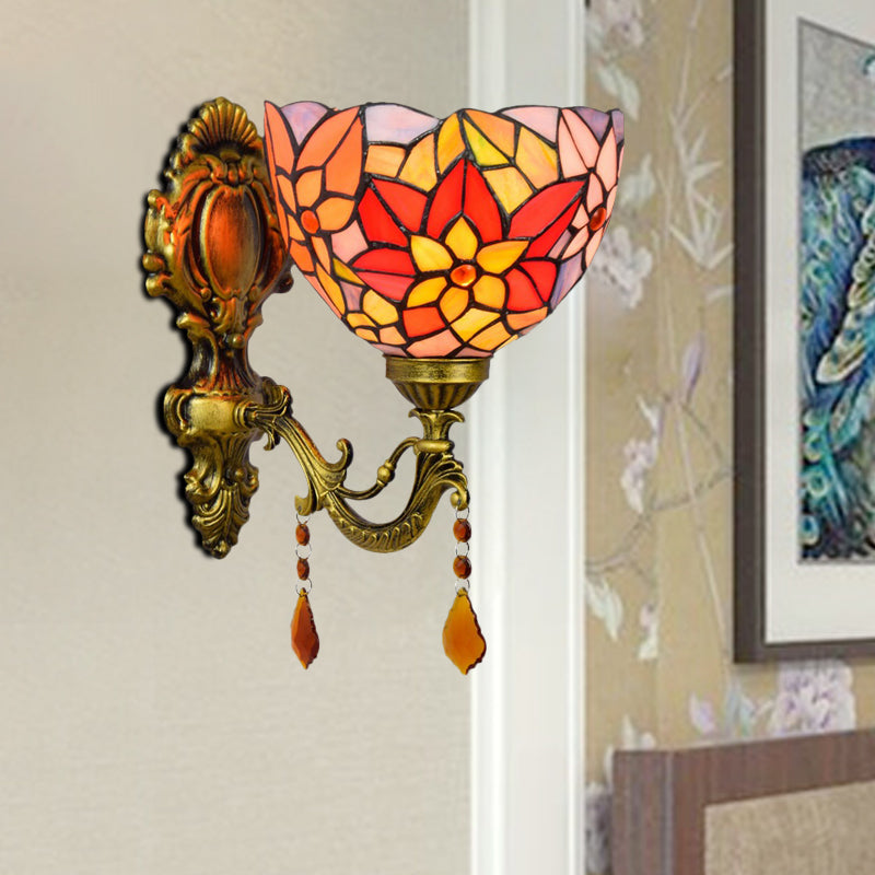 Leaf Pattern Bowl Stained Glass Wall Lamp Tiffany 1 Head Orange/Purple/Red Wall Mount