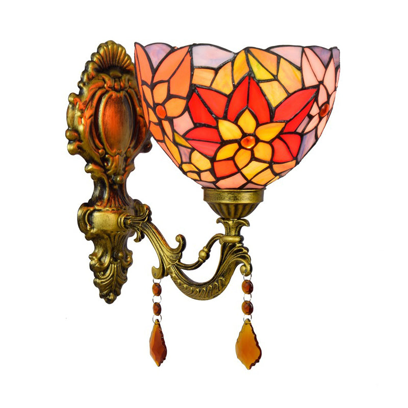 Leaf Pattern Bowl Stained Glass Wall Lamp Tiffany 1 Head Orange/Purple/Red Wall Mount