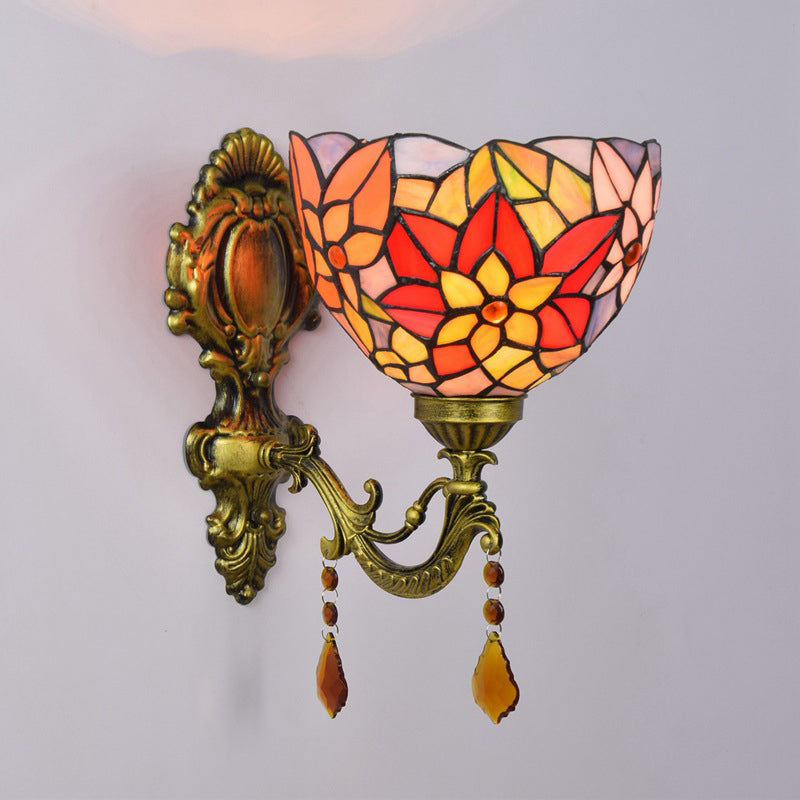 Leaf Pattern Bowl Stained Glass Wall Lamp Tiffany 1 Head Orange/Purple/Red Wall Mount