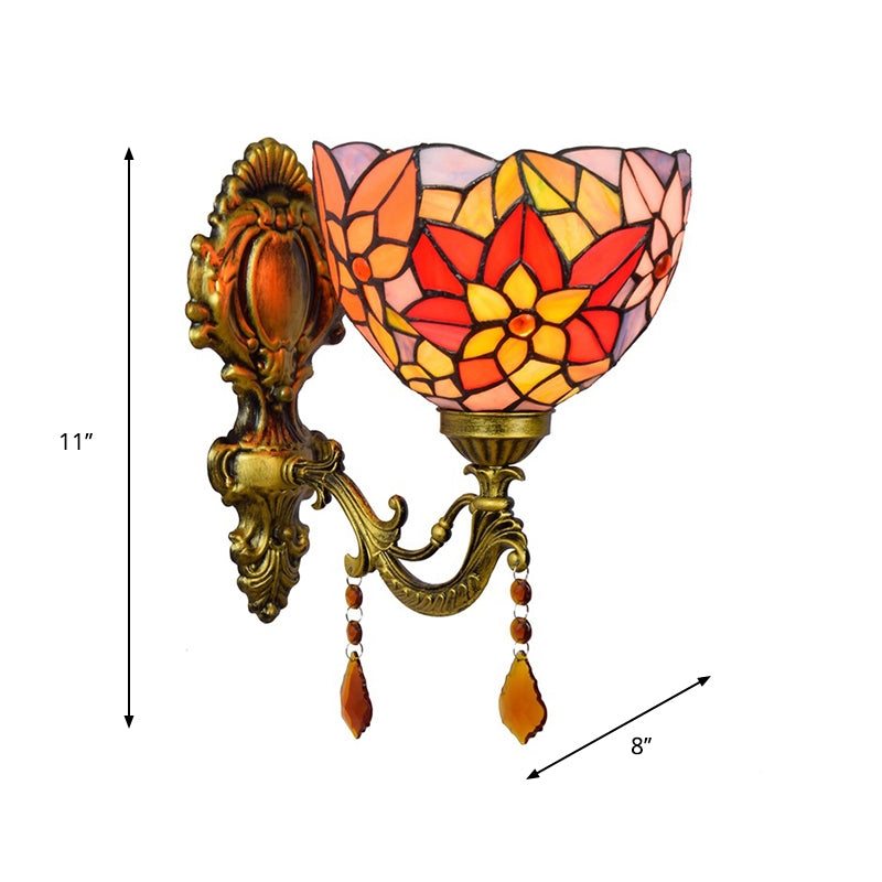 Leaf Pattern Bowl Stained Glass Wall Lamp Tiffany 1 Head Orange/Purple/Red Wall Mount