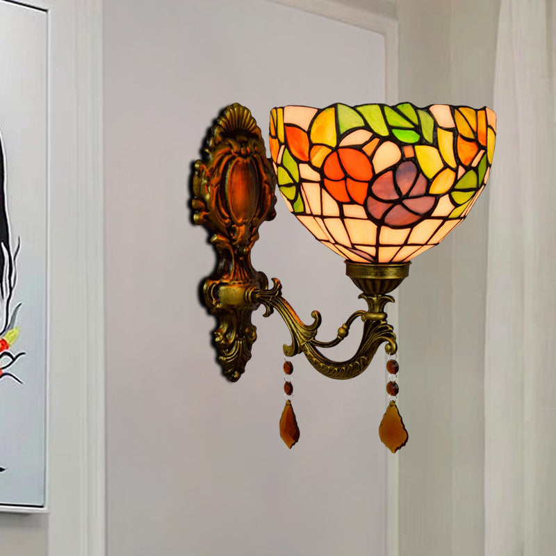 Leaf Pattern Bowl Stained Glass Wall Lamp Tiffany 1 Head Orange/Purple/Red Wall Mount