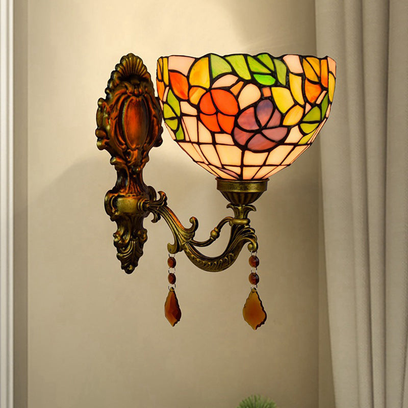 Leaf Pattern Bowl Stained Glass Wall Lamp Tiffany 1 Head Orange/Purple/Red Wall Mount