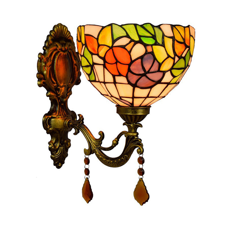 Leaf Pattern Bowl Stained Glass Wall Lamp Tiffany 1 Head Orange/Purple/Red Wall Mount