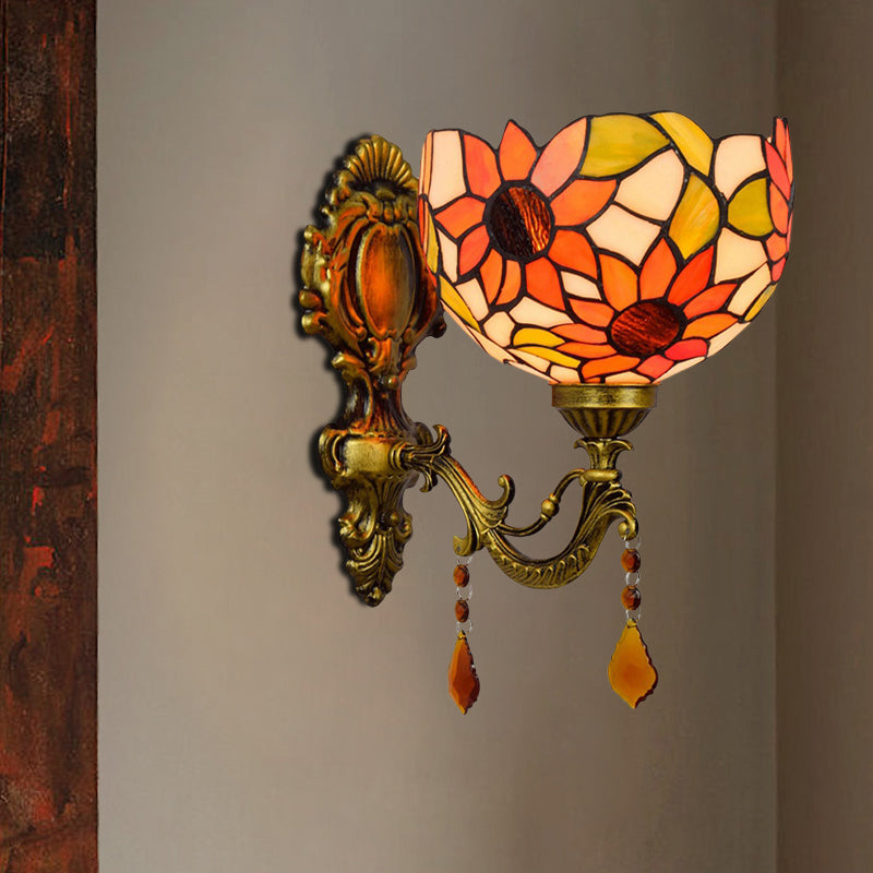 Sheepflower Pattern Dome Wall Lamp 1 Bulb Cut Glass Tiffany Wall Lighting Fixture with Brass Curved Arm