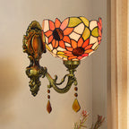 Sheepflower Pattern Dome Wall Lamp 1 Bulb Cut Glass Tiffany Wall Lighting Fixture with Brass Curved Arm