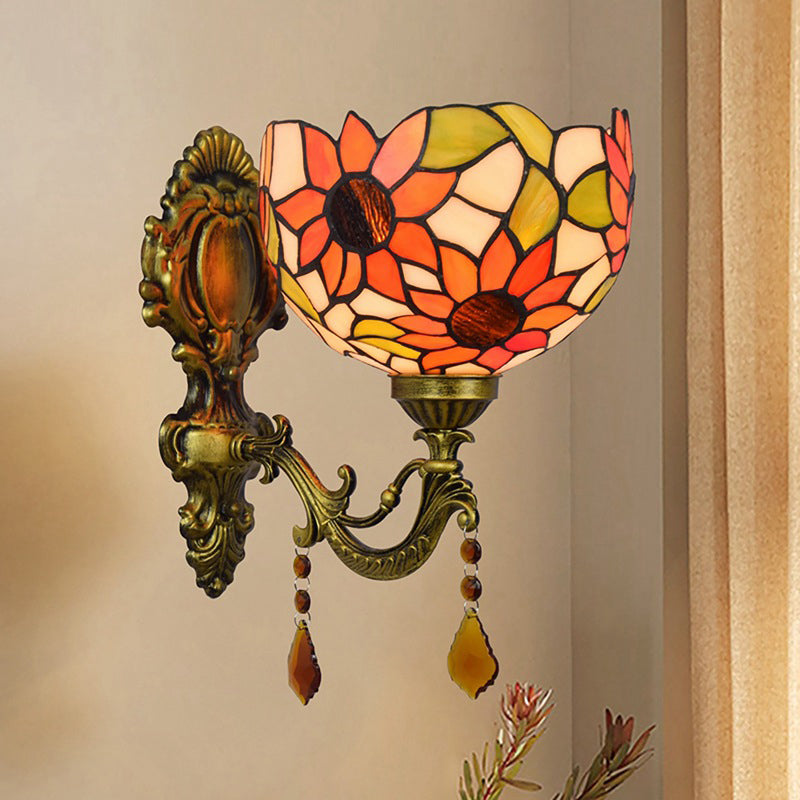 Sheepflower Pattern Dome Wall Lamp 1 Bulb Cut Glass Tiffany Wall Lighting Fixture with Brass Curved Arm