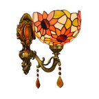 Sheepflower Pattern Dome Wall Lamp 1 Bulb Cut Glass Tiffany Wall Lighting Fixture with Brass Curved Arm
