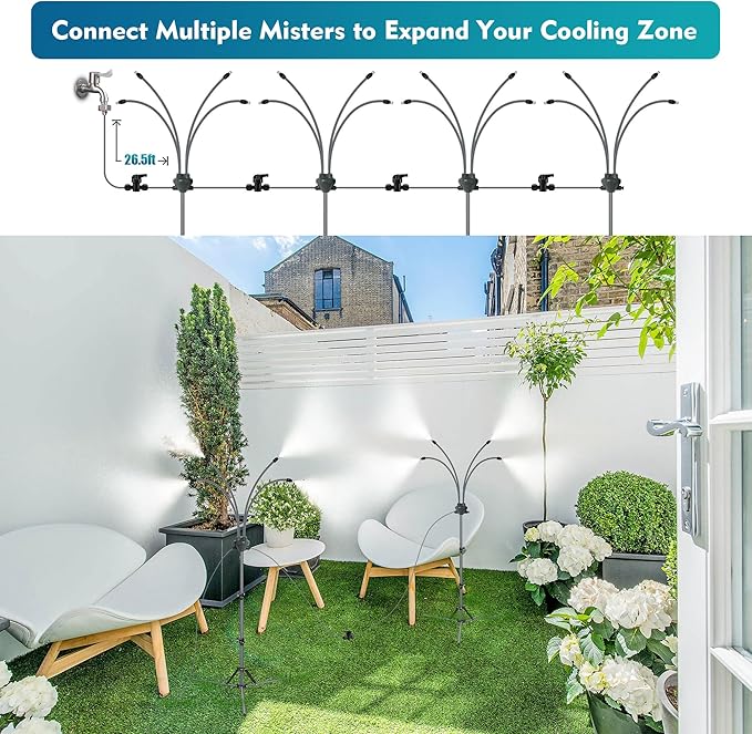 Standing misting system - adjustable height outdoor patio mister for cooling decks, porches, and backyards