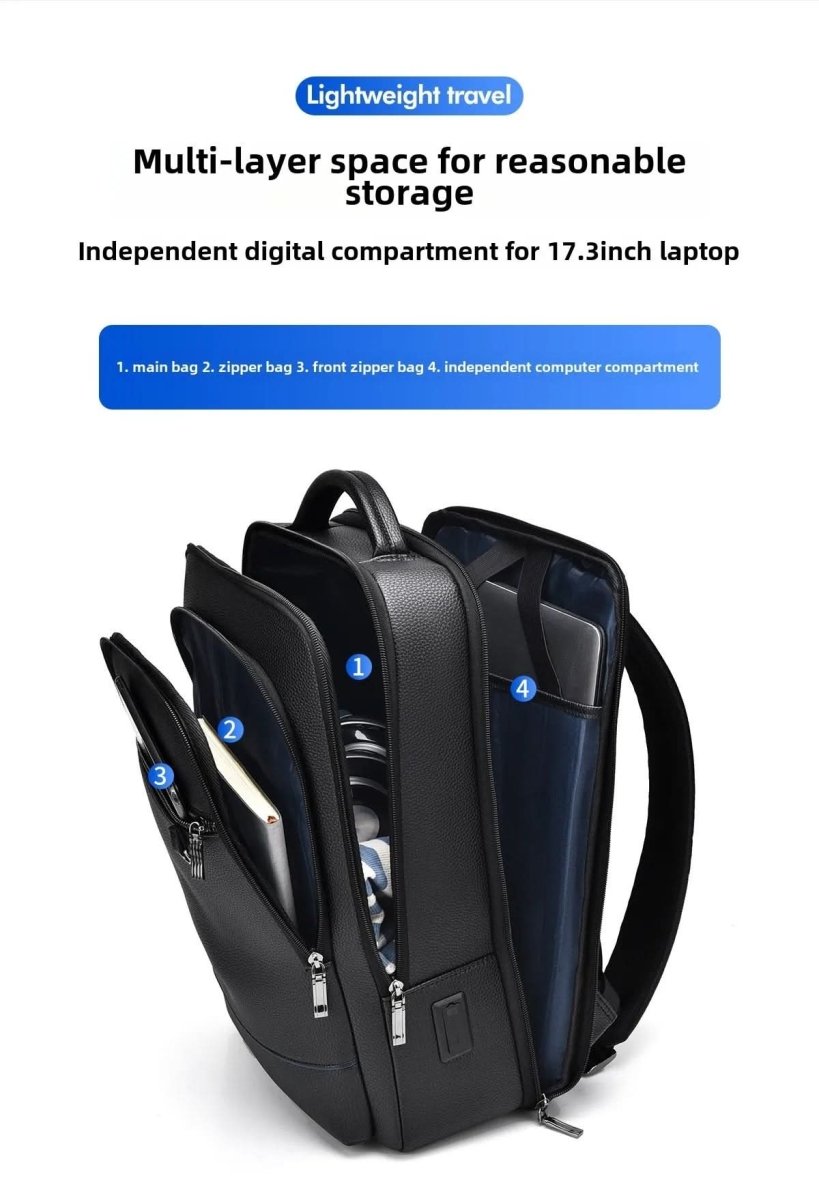 Elegant leather rucksack for men/women with USB port for laptop and everyday use, 15.6 inch, black