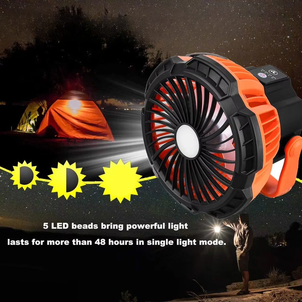Rechargeable Camping Fan with LED Light, Remote Control and Hanging Hook