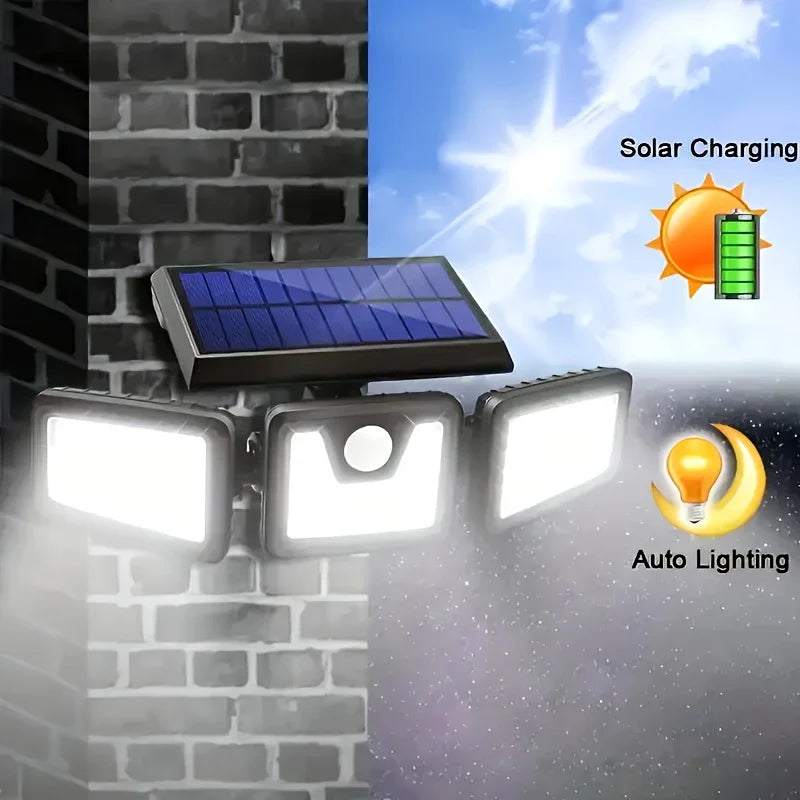 Solar LED floodlight with motion sensor – 3-beam outdoor lighting for garden, yard, and garage